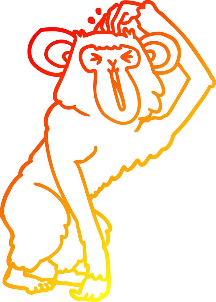 warm gradient line drawing cartoon chimp scratching head vector