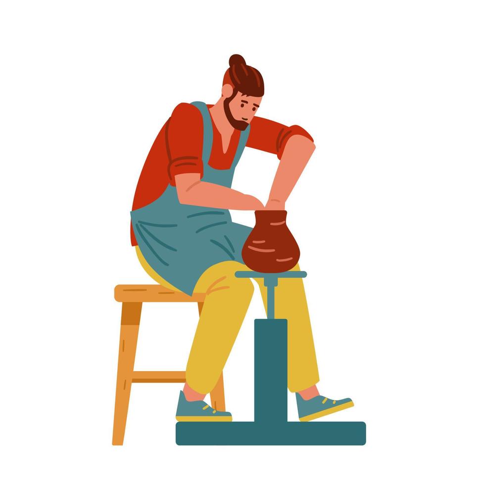 Potter Making Clay Pot On Potter's Wheel. Man Artisan Character Vector Illustration. Isolated On White.