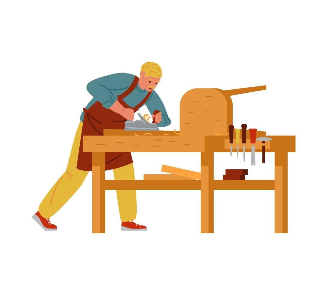 Carpenter Making Furniture. Craftsman Flat Vector Characters. Isolated On White.