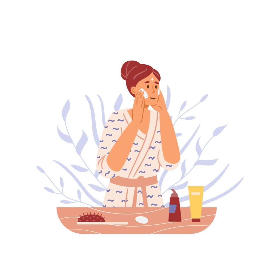 Skincare and beauty routine flat vector illustration. Woman in bathrobe applying cleansing and moisturizer cosmetic products.