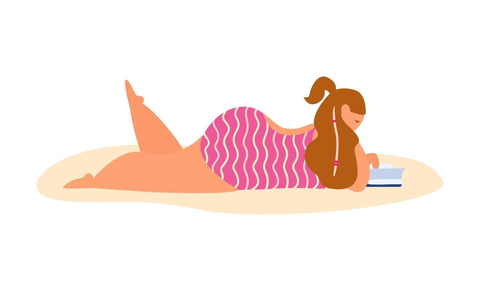 mujer gordita joven de pelo largo en traje de baño tendido y leyendo en la playa. aislado en blanco ilustración vectorial plana. vector