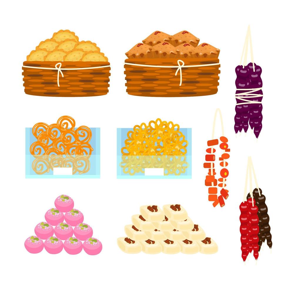 Vector set of different Asian sweets in piramids, in baskets, in glass containers. Churchkhela, cakes, pies, laddu, gujiya, sandesh, jalebi, rasgulla and others.