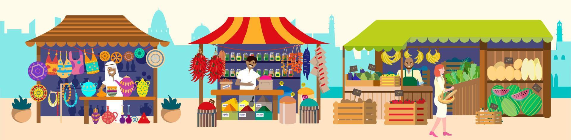 Vector illustration of asian bazaar with sellers. Souvenirs, pottery, spices, jewelry, fruits and vegetables. Flat vector illustration.