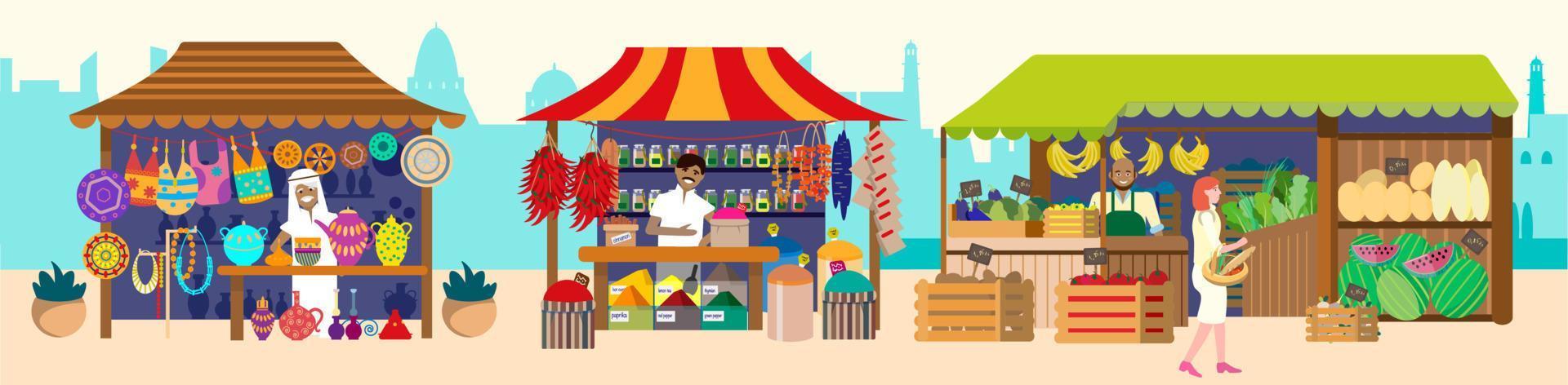 ilustración vectorial del bazar asiático con vendedores. souvenirs, cerámica, especias, joyas, frutas y verduras. ilustración vectorial plana. vector