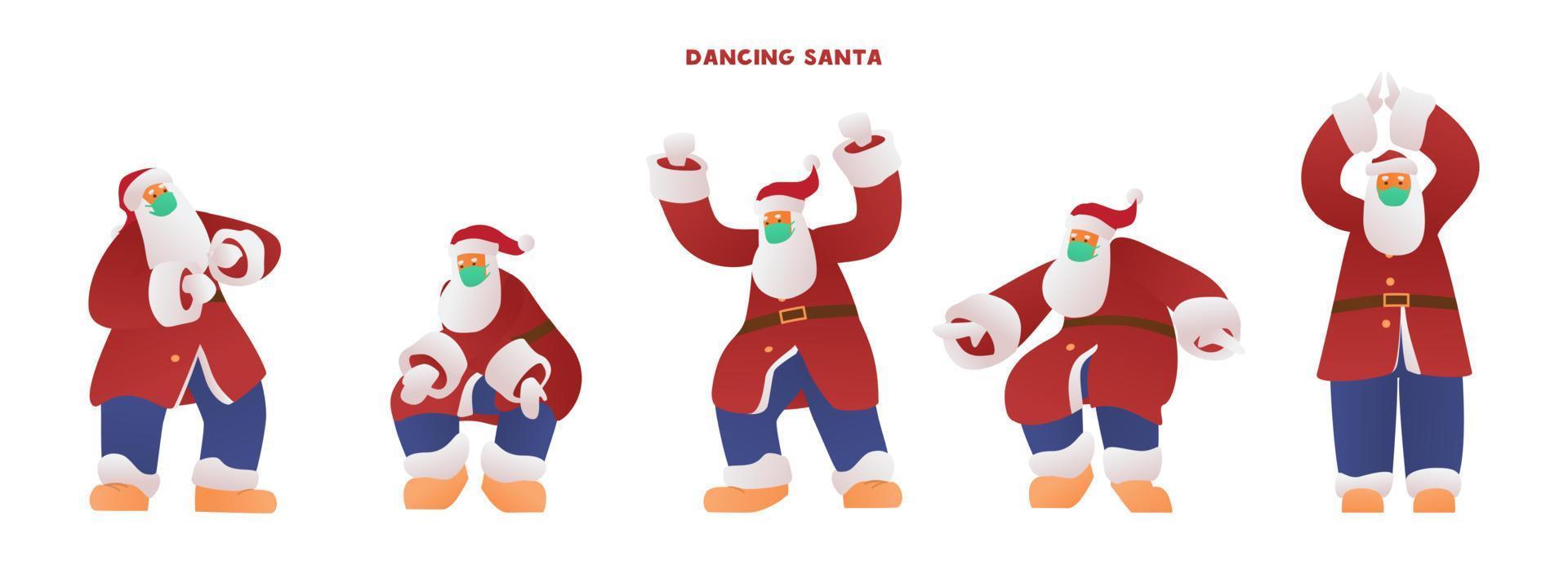 Funny Dancing Santa In Protective Mask Vector Set. Isolated On White.