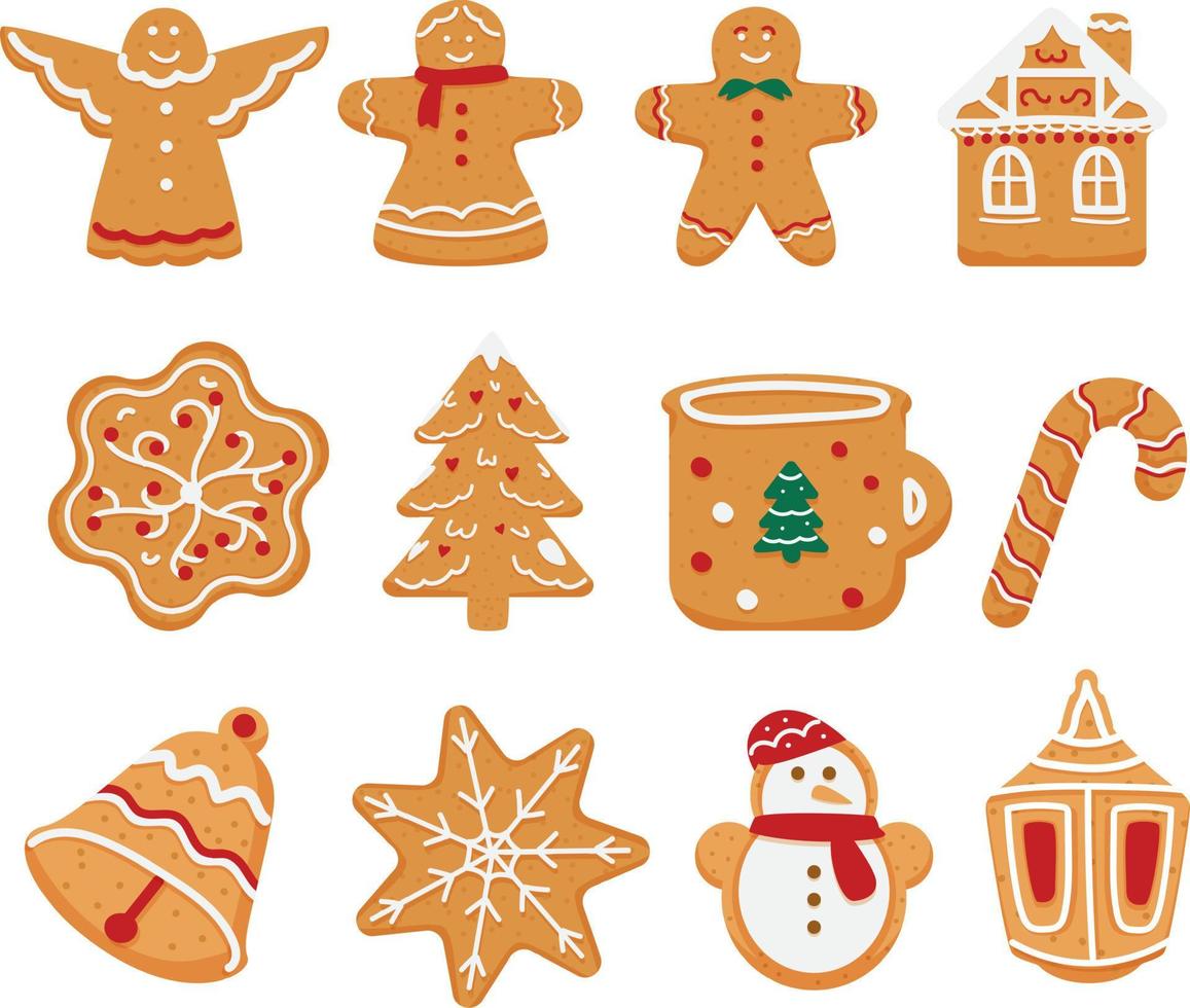 Vector Set Of Christmas Gingerbread Cookies In Different Shapes. Angel, House, Tree, Snowflake, Cup, Bell, Snowman, Lantern, Cane, Gingerbread Man. Isolated On White.