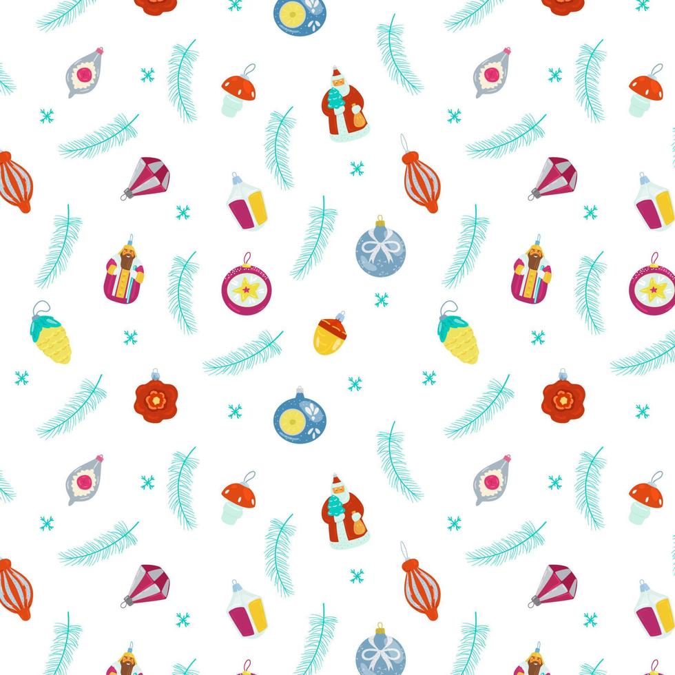Christmas Seamless Vector Pattern With Retro Glass Toys And Fir Branches On White.