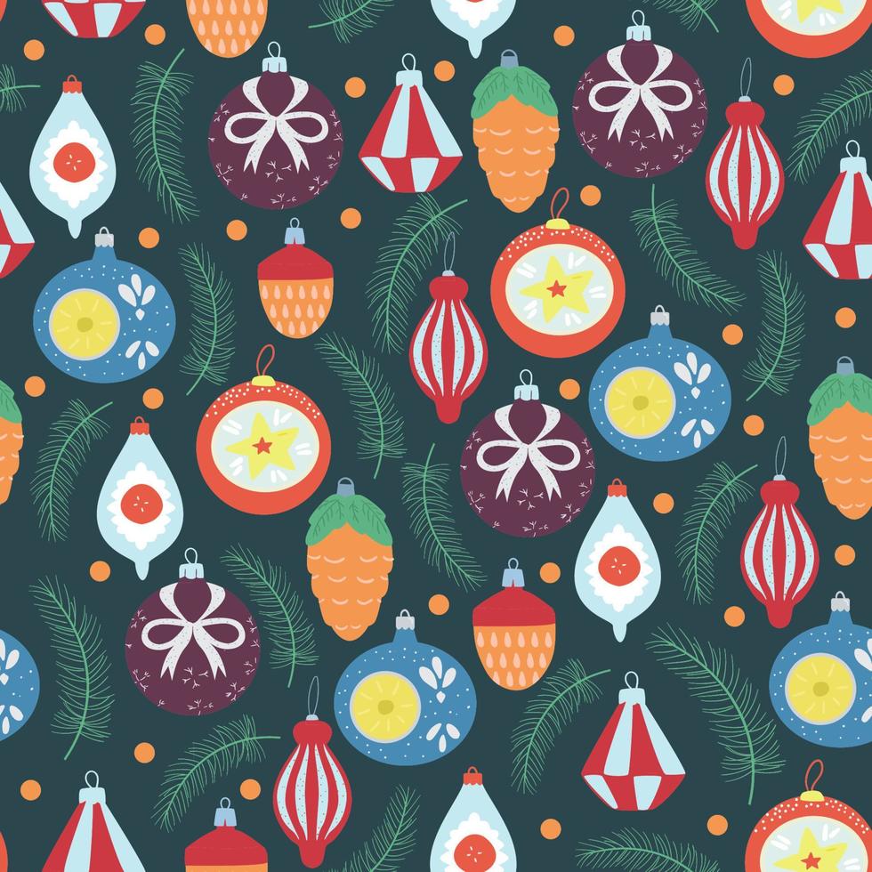 Christmas Seamless Vector Pattern With Retro Glass Toys And Fir Branches On Dark Green.