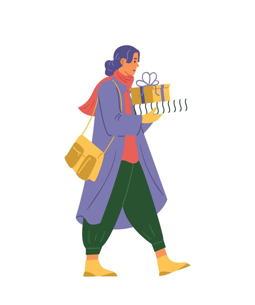 mujer en ropa de invierno sosteniendo cajas de regalos de navidad ilustración vectorial. aislado en blanco vector