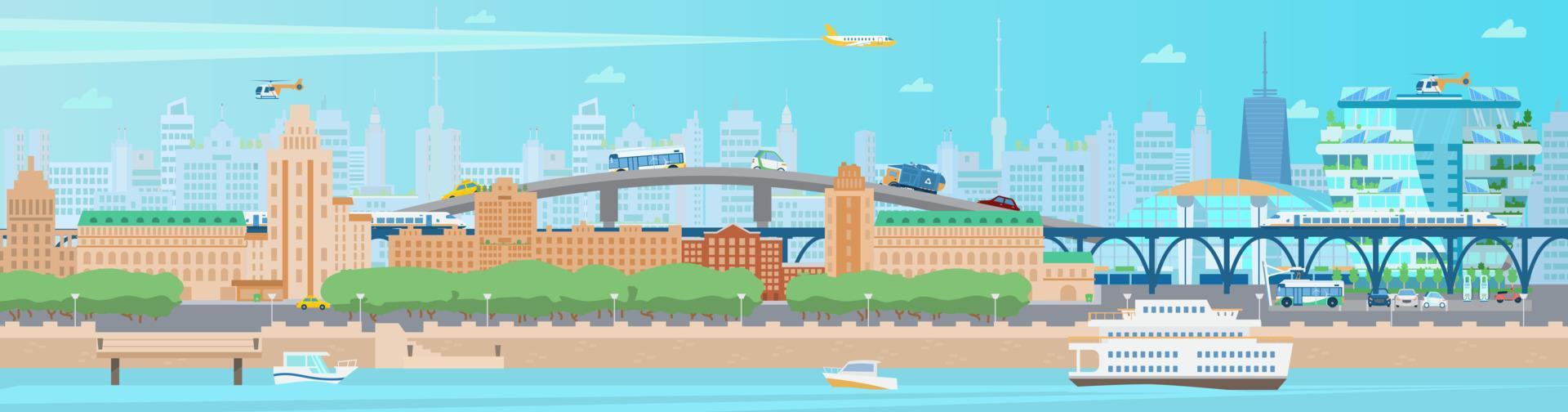 Horizontal modern summer city panorama. Cityscape with houses, quay, boats, ferry, train, bridge, cars, trees, helicopter and train, skyscrapers. Flat vector illustration.