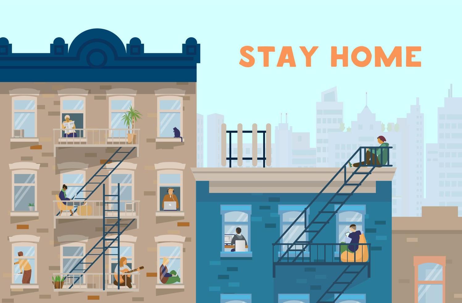 Stay home motivational banner. People in windows staying home due to quarantine , working, studying, playing guitar, reading. Brick houses front. Flat vector illustration.