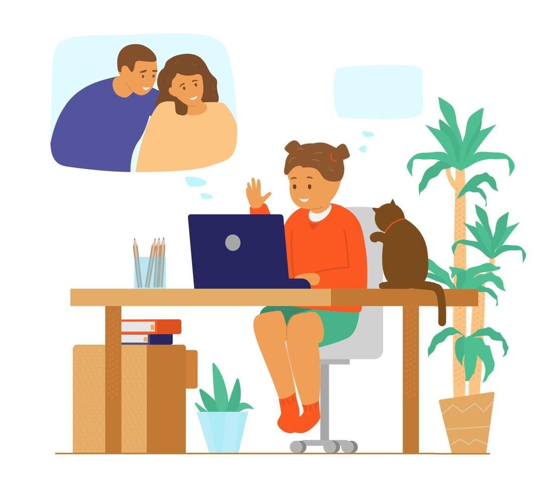 Family videoconference. Online communication. Girl chatting with parents by video call. Flat vector illustration.