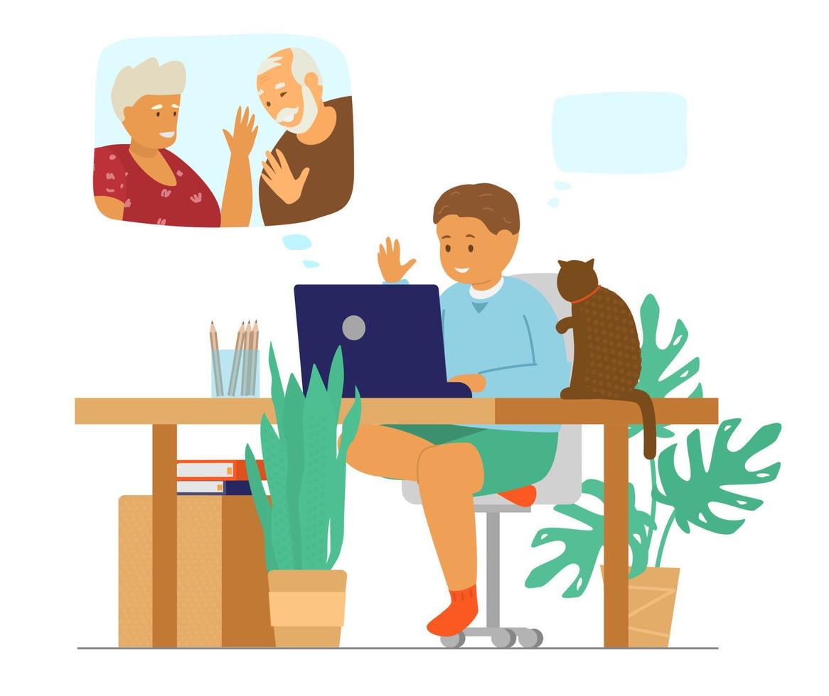 Family videoconference. Kid sitting with cat in front of laptop talking to grandparents by video call. Online communication during lockdown. Flat vector illustration.