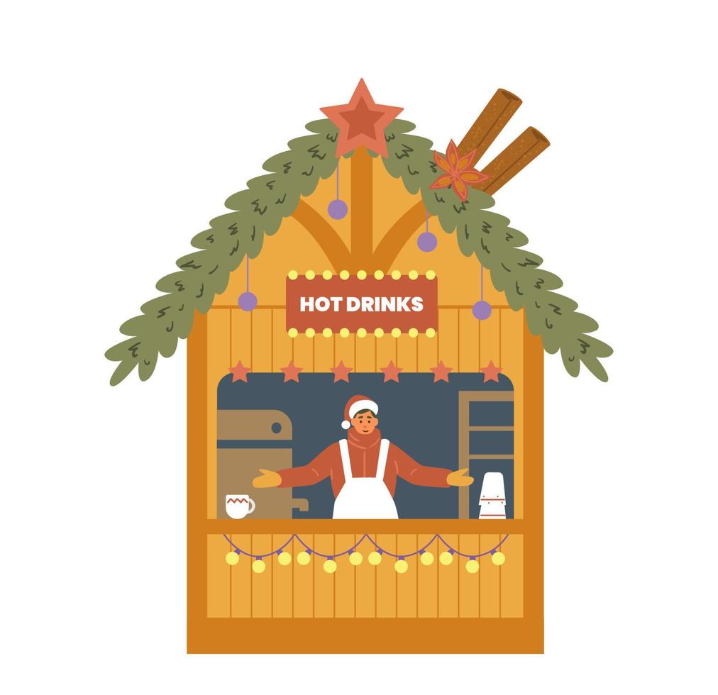 feria de navidad tienda de comida callejera con ilustración de vector plano de vendedor. Puesto de bebidas calientes. aislado en blanco