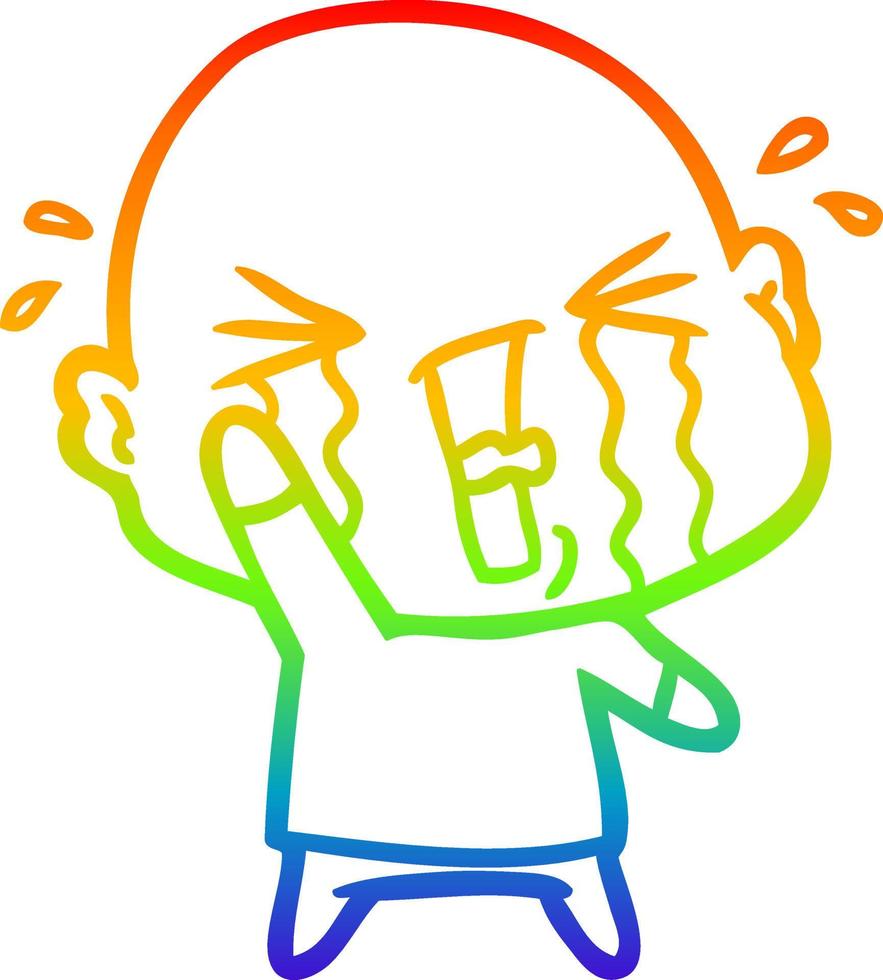 rainbow gradient line drawing cartoon crying bald man vector