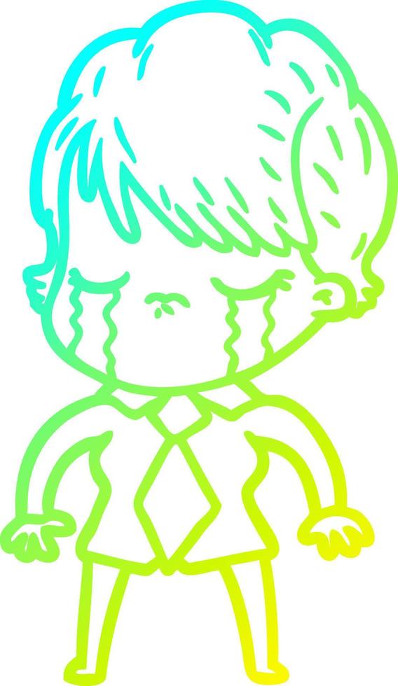 cold gradient line drawing cartoon woman crying vector