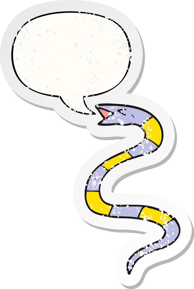 hissing cartoon snake and speech bubble distressed sticker vector