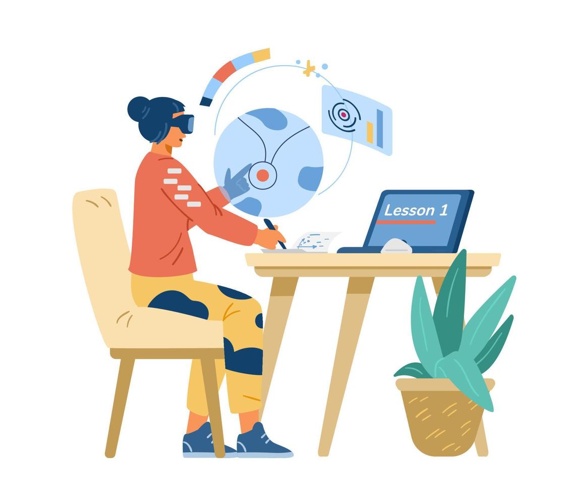 Woman in VR headset learning and making notes flat vector illustration. Education in metavesre concept.