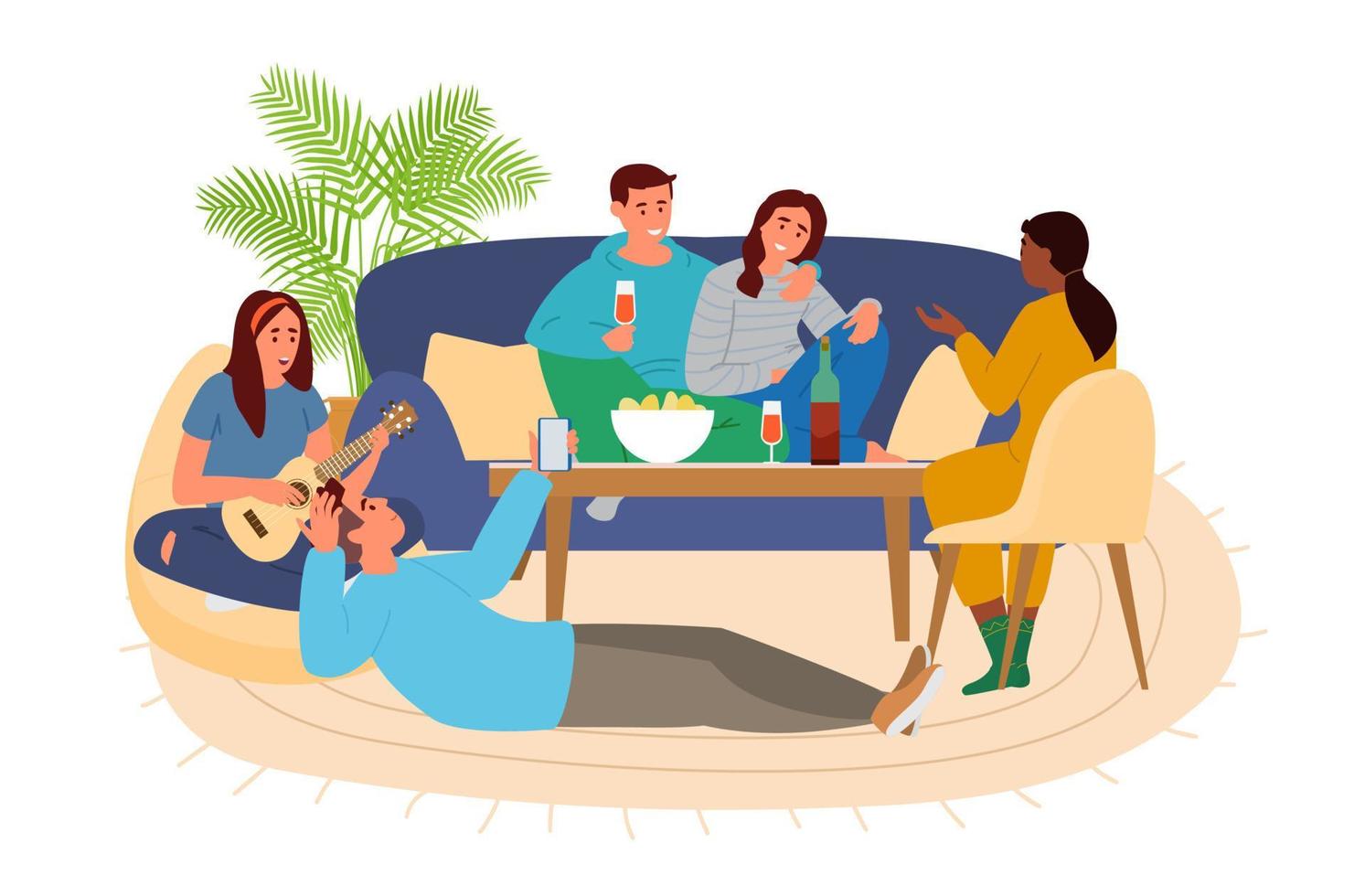 grupo de amigos pasando el rato en casa hablando, tocando música, bebiendo vino, comiendo papas fritas. vector