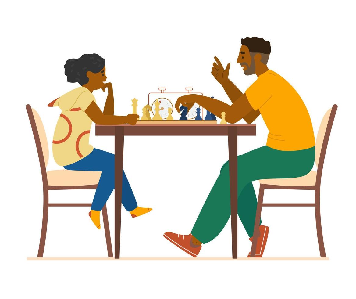 Father Teaches Daughter To Play Chess. African American Family At Home Flat Vector Illustration. Isolated On White.