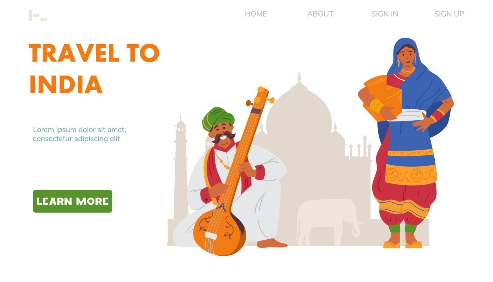 Travel to India vector landing page template. Indian Man In Turban Playing Traditional String Musical Instrument Tampura. Indian Woman In Traditional Outfit.