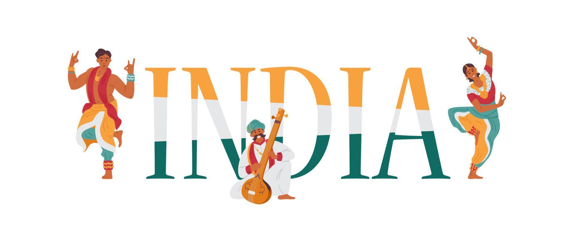 bienvenidos a la pancarta vectorial india con personajes indios, bailarines y músicos vestidos con ropa tradicional. vector