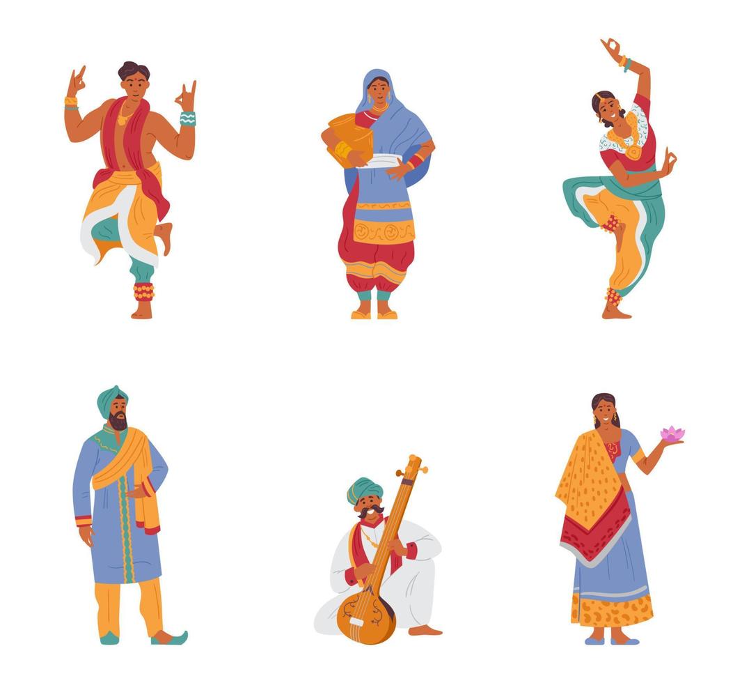 conjunto vectorial de personajes indios hombres y mujeres en trajes tradicionales. aislado en blanco vector