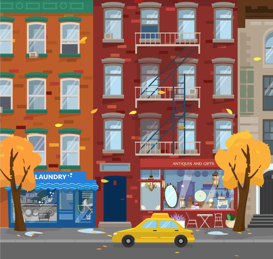 ilustración vectorial del paisaje urbano de otoño. clima lluvioso en la ciudad. lavandería y tiendas de antigüedades, taxi. arboles amarillos vector