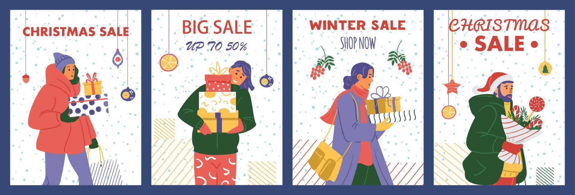 Vector set of Christmas sale cards with happy people holding gift boxes.