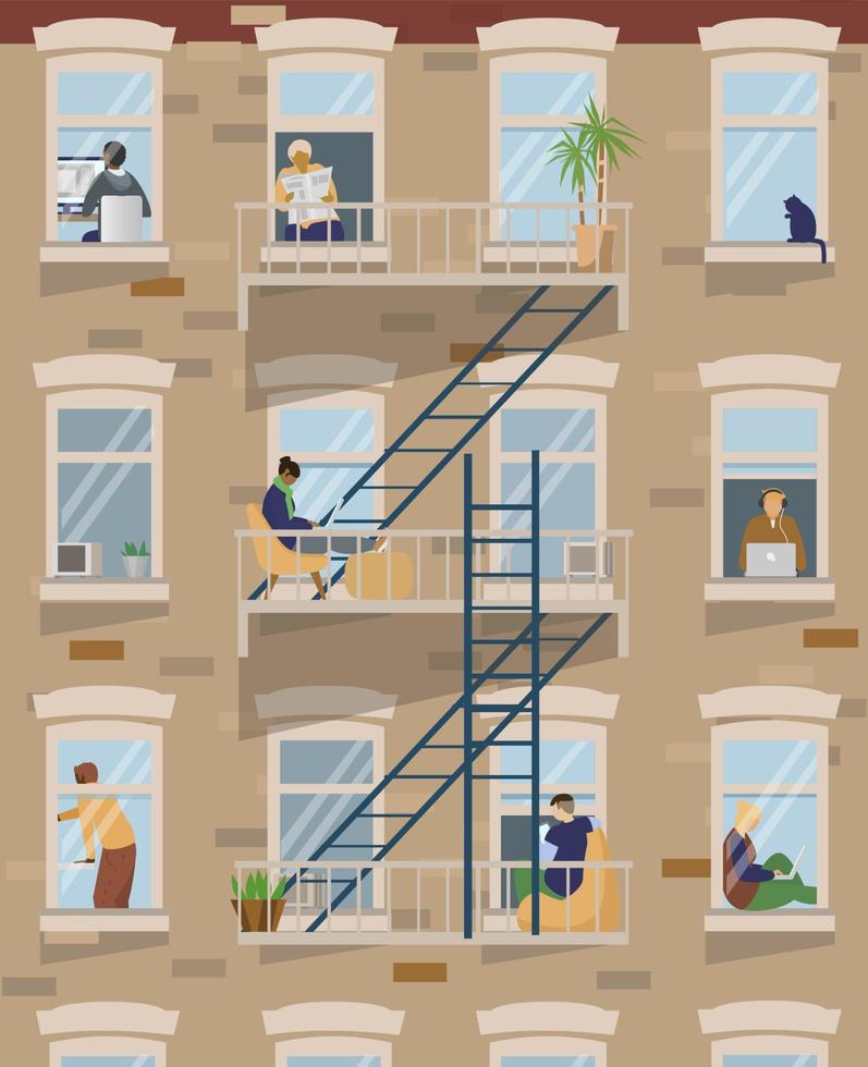 House front with different people staying at home, working, studying, reading. Home office. People in windows. Flat vector illustration.