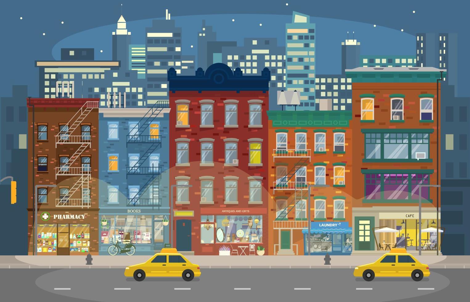ilustración vectorial de manhattan nocturno con casas retro con tiendas y taxis y rascacielos en segundo plano. ciudad de noche. paisaje urbano horizonte nocturno. estilo plano vector