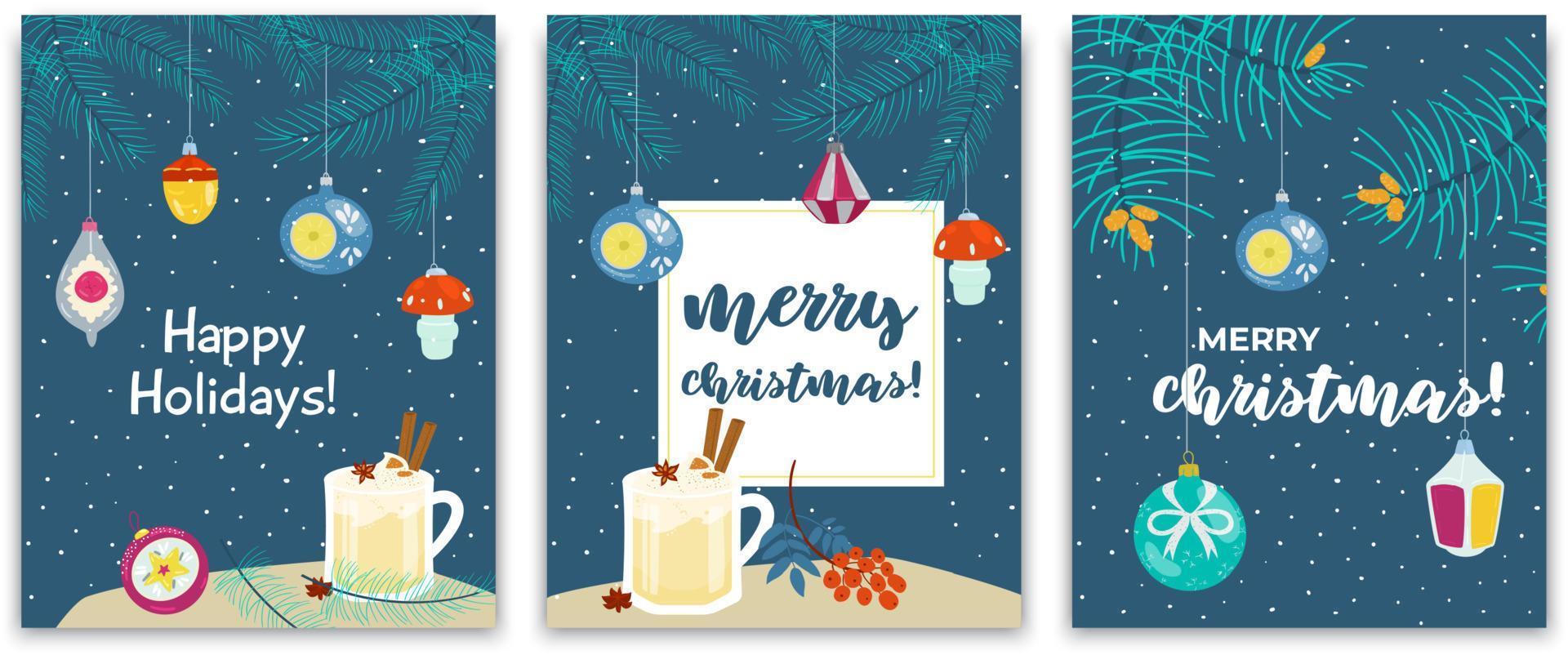 conjunto vectorial de postales navideñas con juguetes retro, ramas de abeto y taza de ponche de huevo sobre fondo azul oscuro. vector