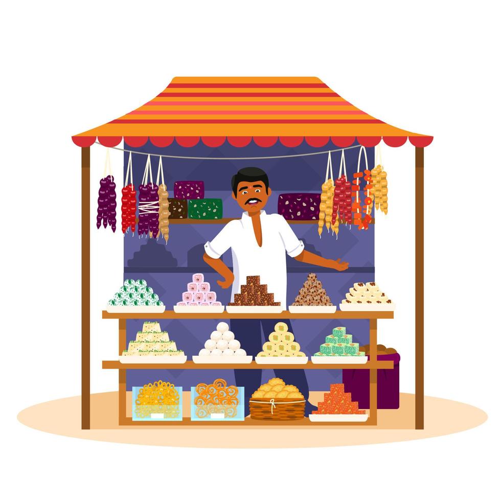 hombre indio vendiendo dulces tradicionales. ilustración vectorial de la tienda de dulces de la calle asiática con el vendedor en estilo de caricatura plana. aislado en blanco vector