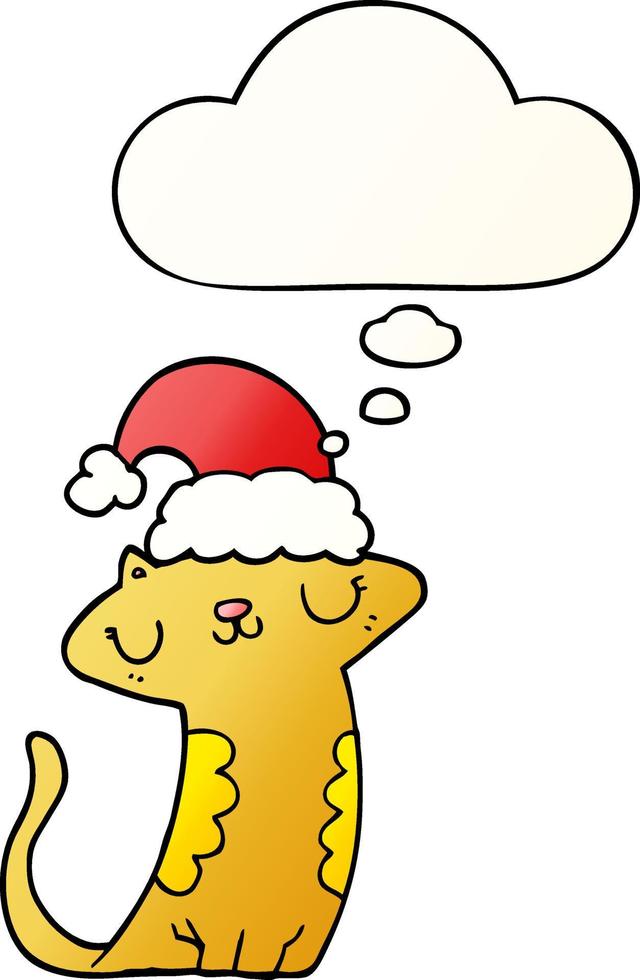 cute cartoon cat wearing christmas hat and thought bubble in smooth gradient style vector