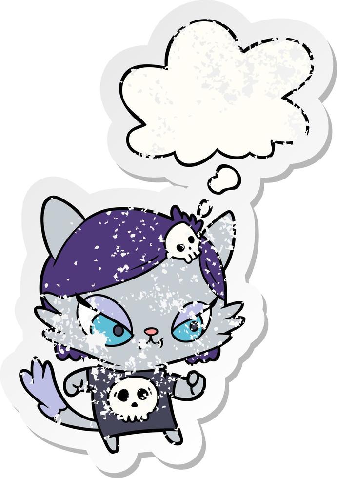 cartoon tough cat girl and thought bubble as a distressed worn sticker vector