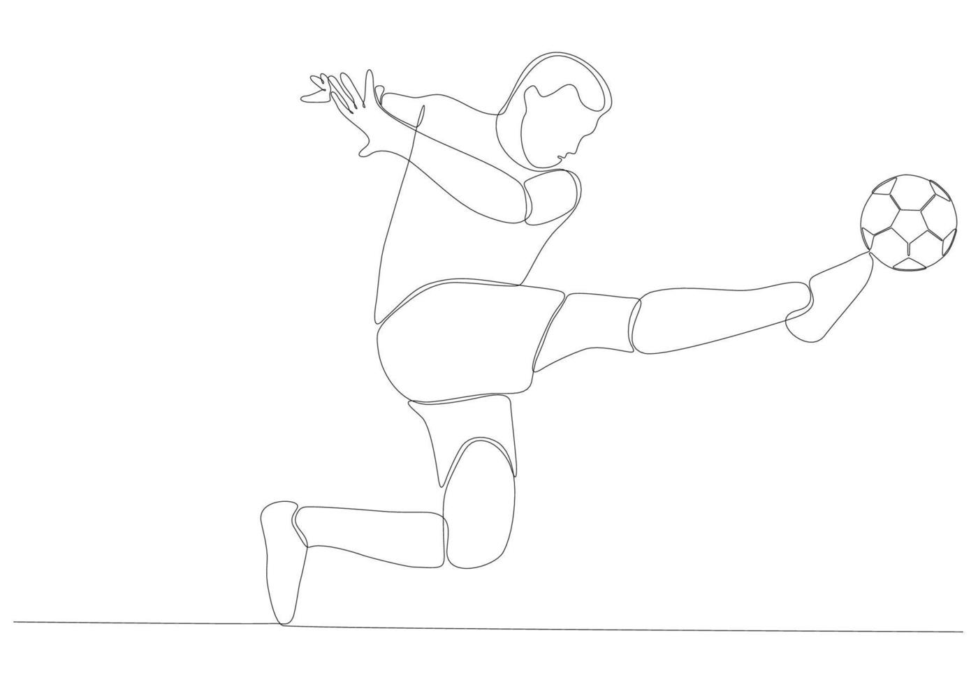 Continuous line drawing of male soccer player kicking the ball. Single line art of young female soccer player dribbling and juggling the ball. Vector illustration