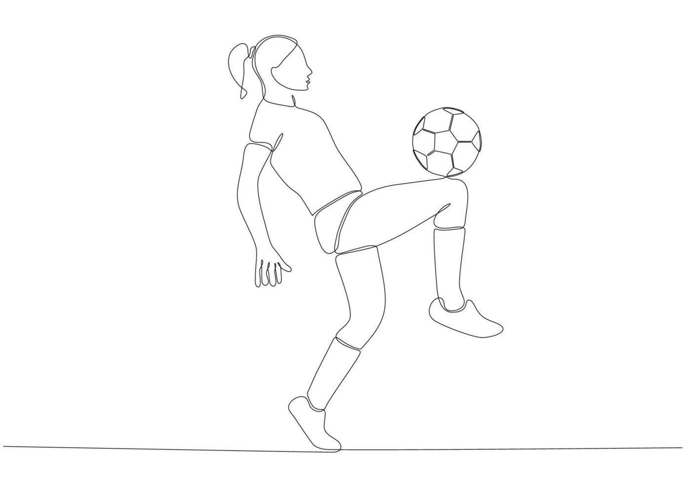 Continuous line drawing of female soccer player kicking the ball. Single line art of young female soccer player dribbling and juggling the ball. Vector illustration