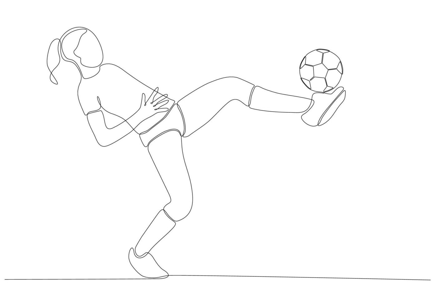 Continuous line drawing of female soccer player kicking the ball. Single line art of young female soccer player dribbling and juggling the ball. Vector illustration
