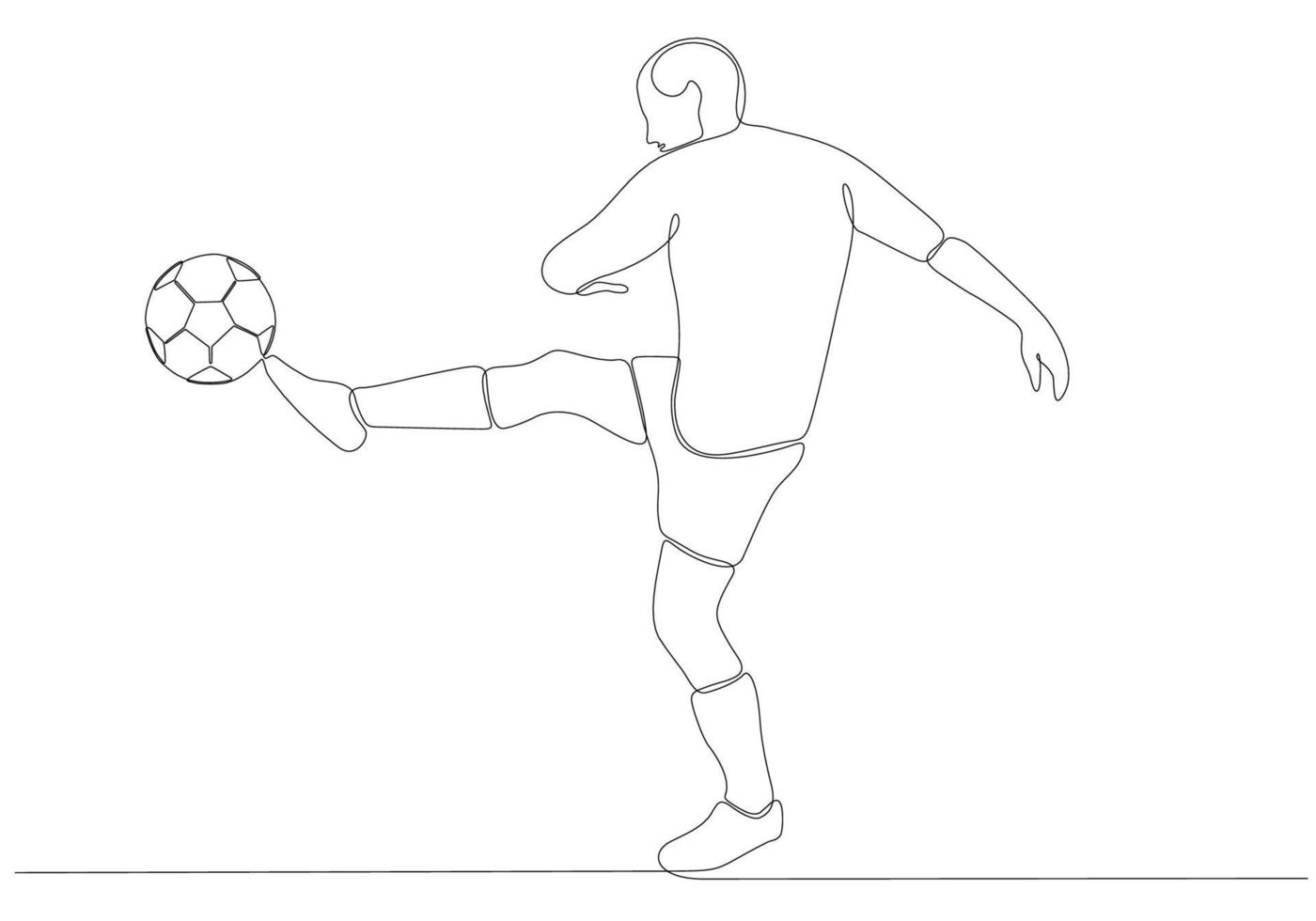 Continuous line drawing of male soccer player kicking the ball. Single line art of young female soccer player dribbling and juggling the ball. Vector illustration