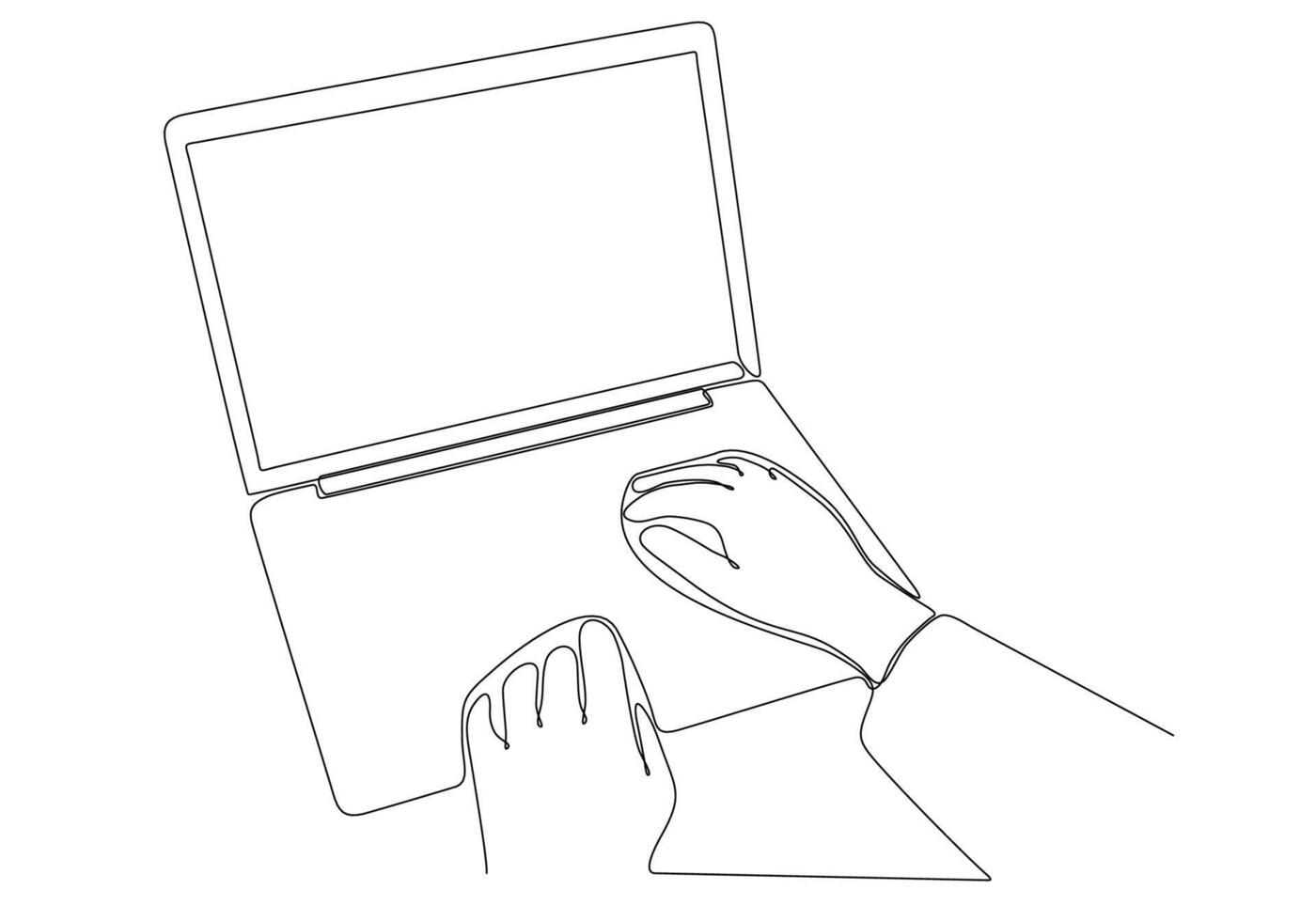 Line drawing of human male hand holding a laptop vector illustration