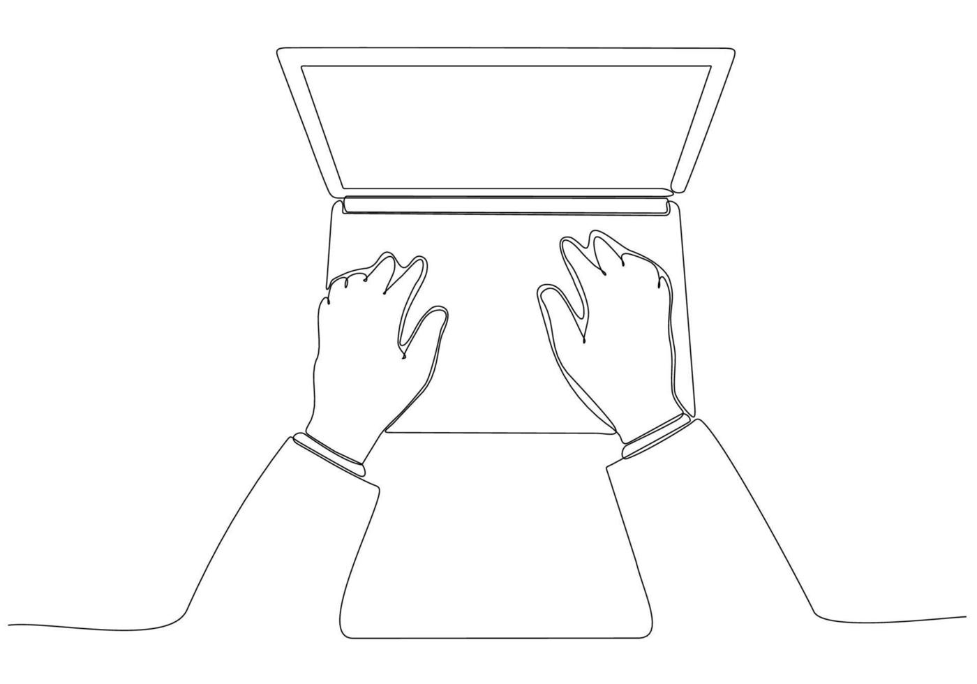 Line drawing of human male hand holding a laptop vector illustration