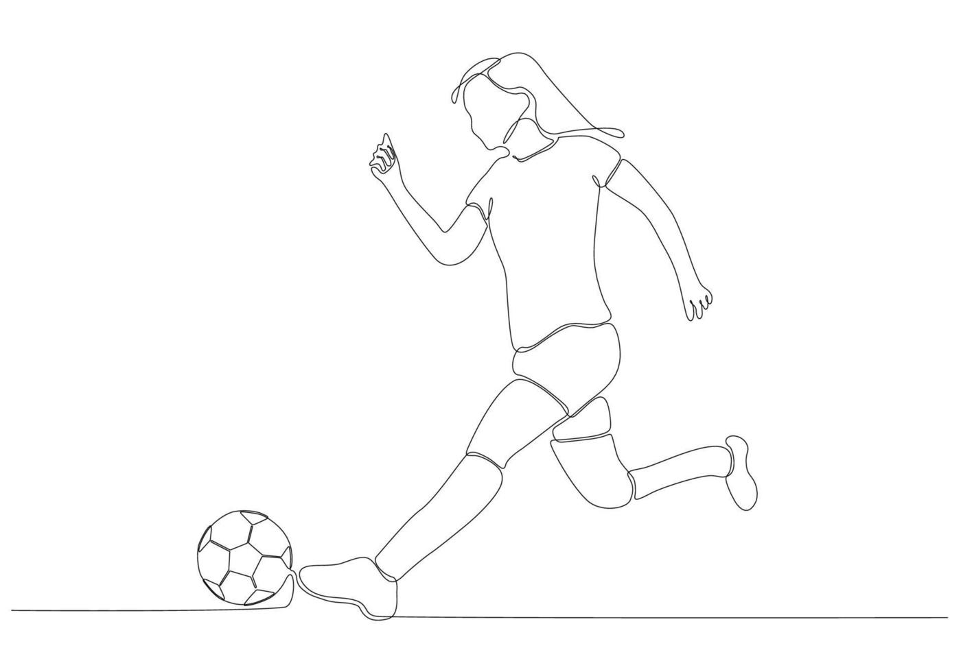 Continuous line drawing of female soccer player kicking the ball. Single line art of young female soccer player dribbling and juggling the ball. Vector illustration