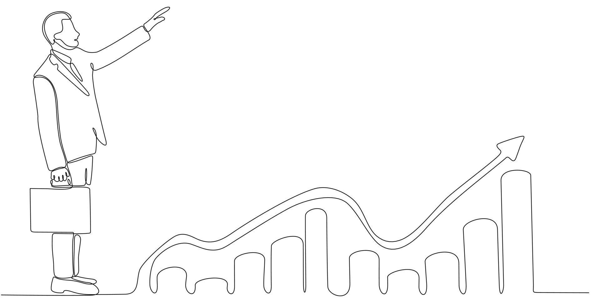 dibujo de línea continua de un hombre de negocios que busca una oportunidad de inversión en un gráfico de crecimiento. vector