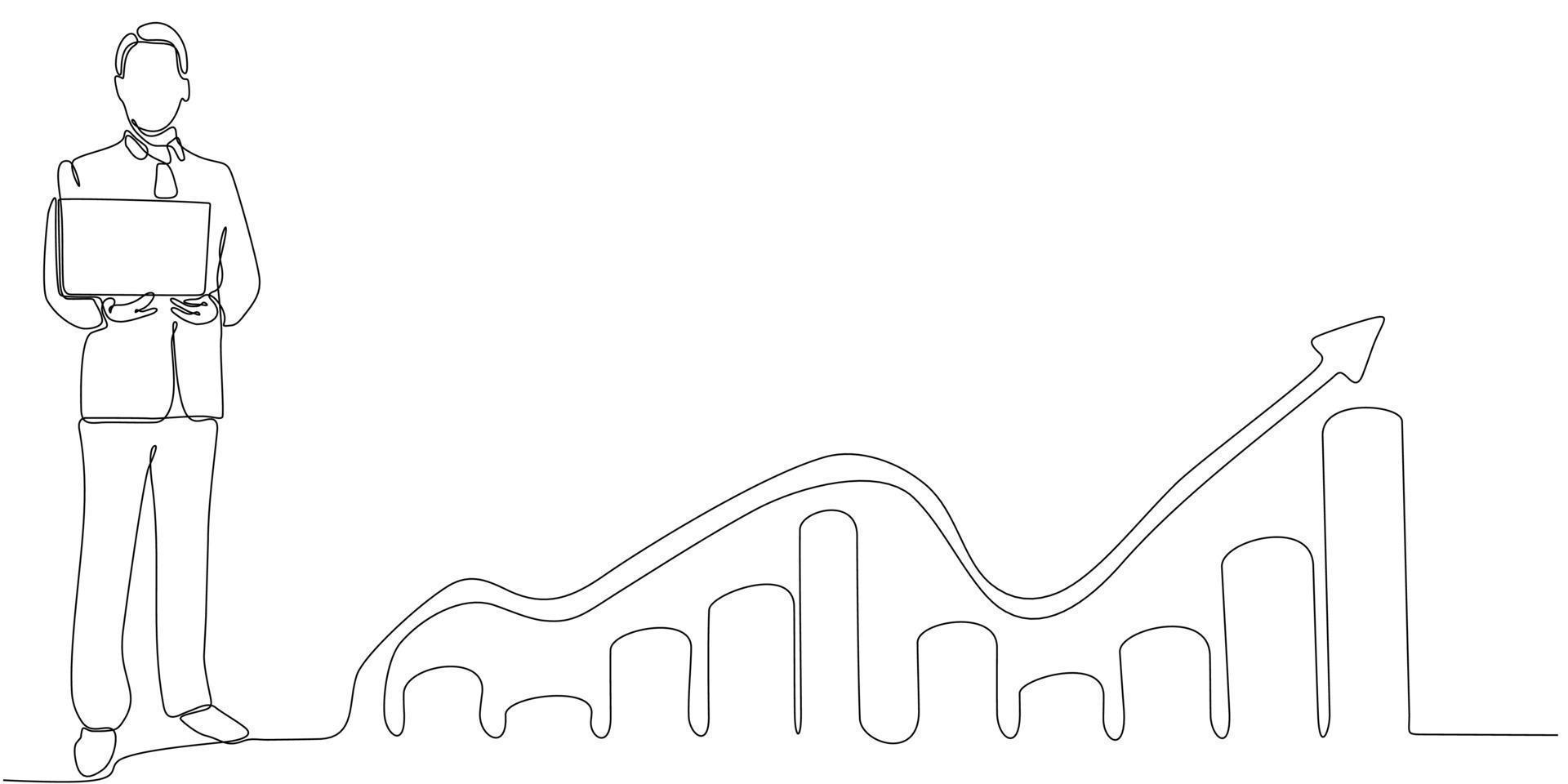 Continuous line drawing of business man looking for investment opportunity standing on growth chart. vector