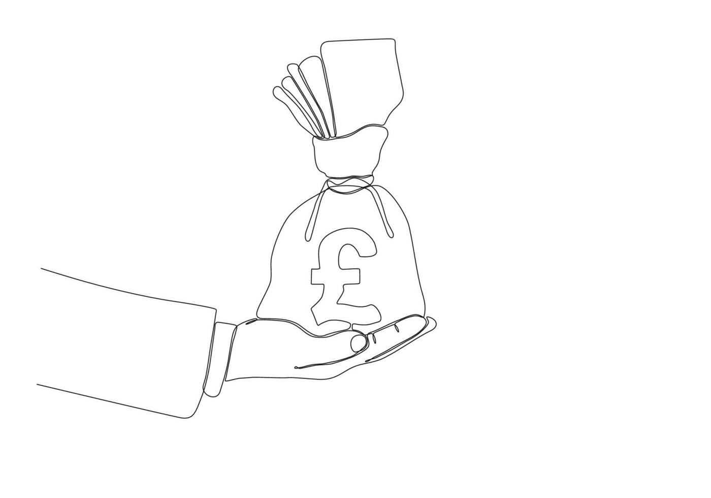 Hand holding Money bag with pondsterling Sign. continuous line drawing vector