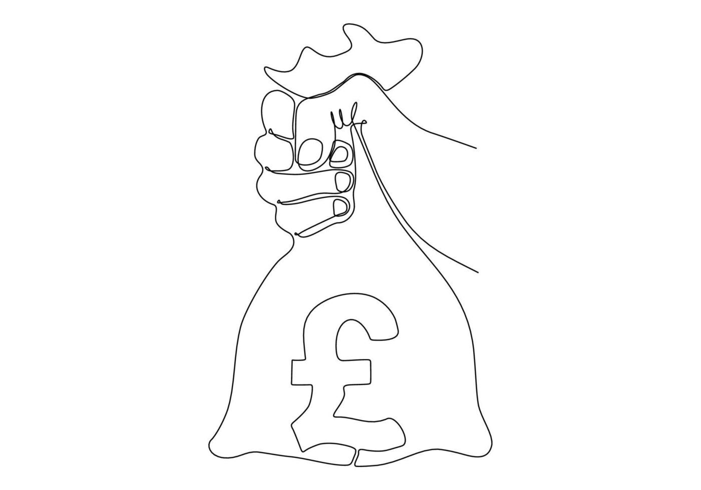 mano que sostiene la bolsa de dinero con signo pondsterling. dibujo de línea continua vector