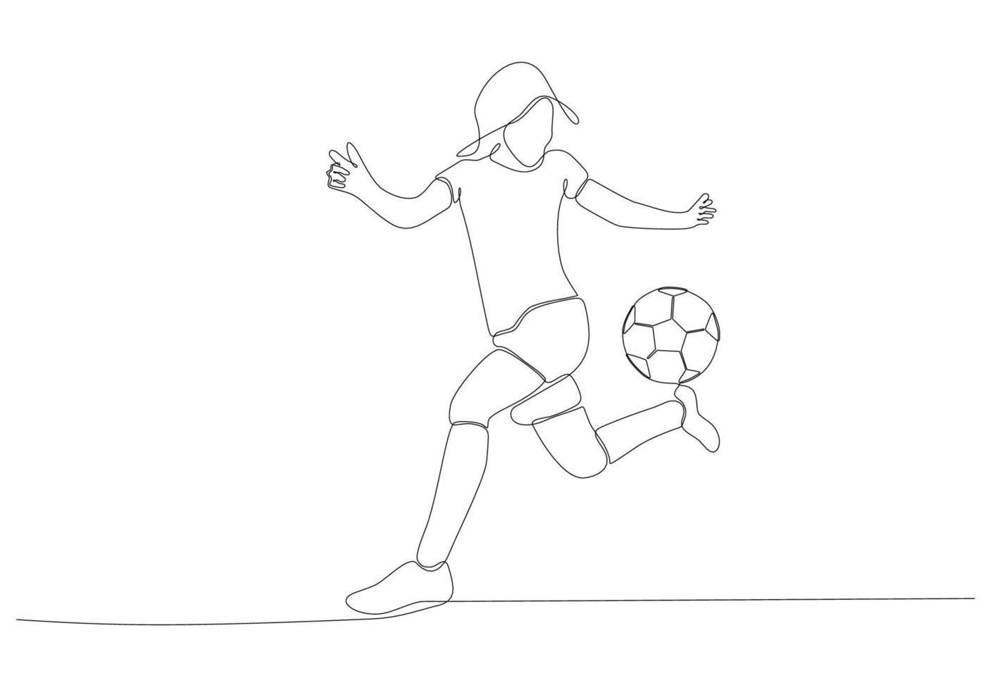 Continuous line drawing of female soccer player kicking the ball. Single line art of young female soccer player dribbling and juggling the ball. Vector illustration