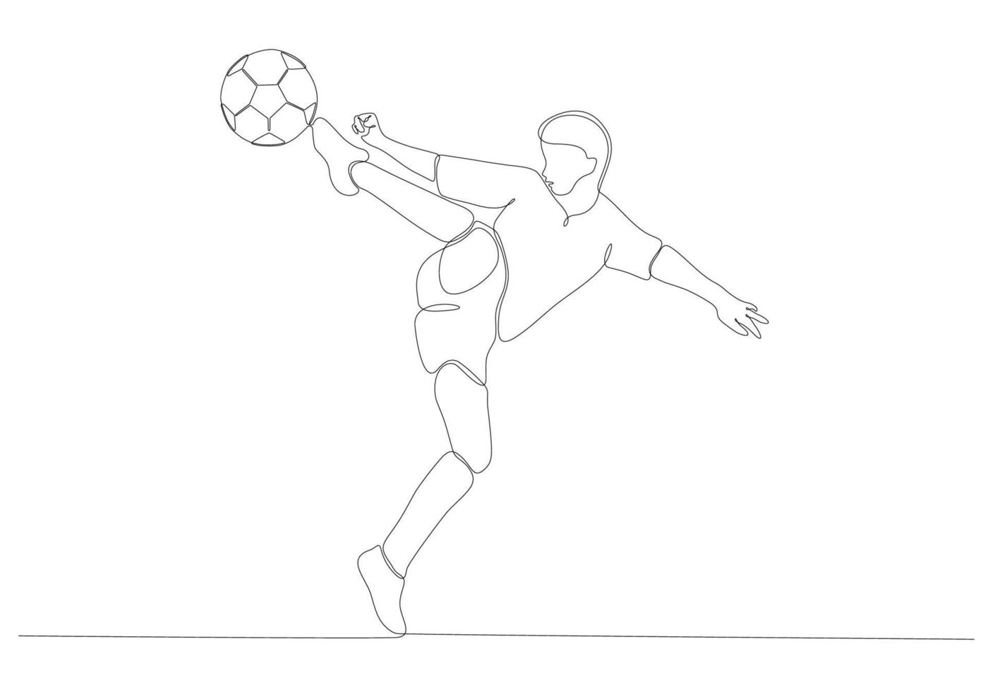 Continuous line drawing of male soccer player kicking the ball. Single line art of young female soccer player dribbling and juggling the ball. Vector illustration