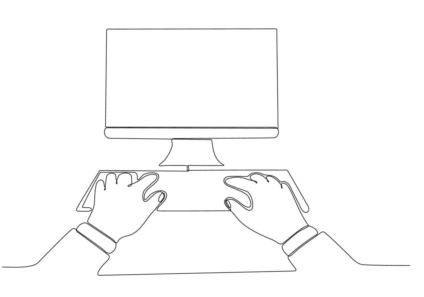 Line drawing of human male hand holding a laptop vector illustration