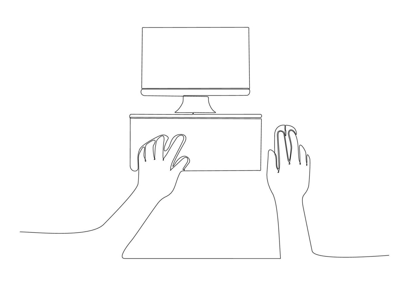 Line drawing of human male hand holding a laptop vector illustration